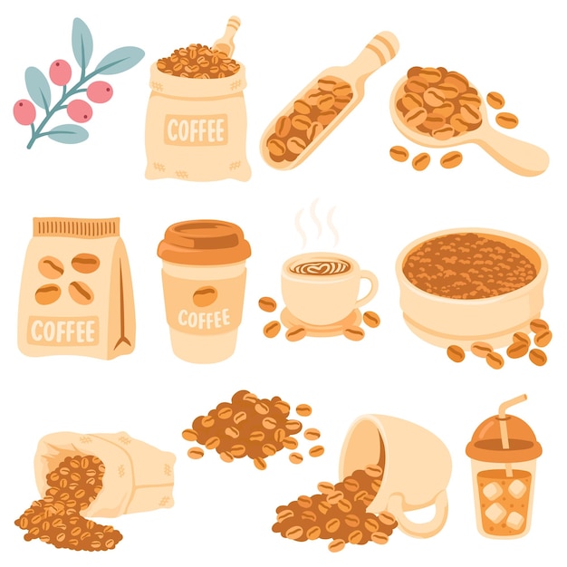 Lat Café frijoles y bebidas Ilustración de juego de estilo dibujado a mano