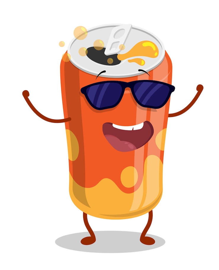 Vector una lata de aluminio de carácter alegre con refrescos bebidas refrescantes en el clima caluroso del verano dibujos animados