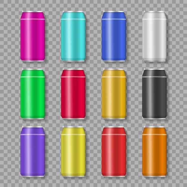 Lata de aluminio con refresco o jugo aislado sobre fondo transparente para publicidad. Conjunto de latas de bebida de aluminio colorido realista.