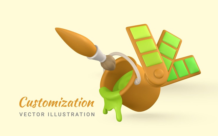 Vector lata amarilla realista 3d de paleta de colores de pintura verde y pincel en estilo de dibujos animados concepto de personalización ilustración vectorial