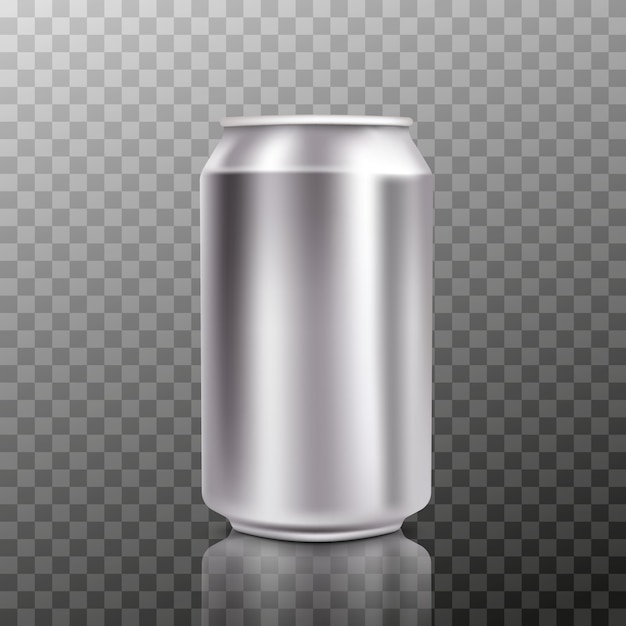 Vector lata de cerveza de aluminio grande en blanco con gotas, 300 ml.