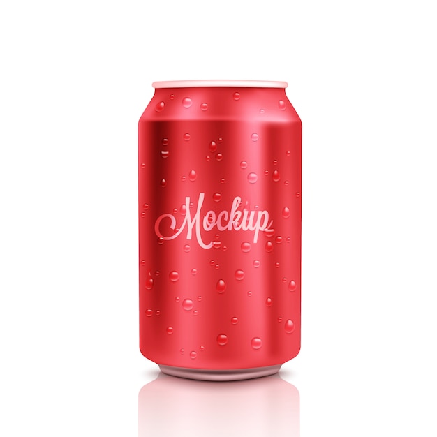 Vector lata de cerveza roja fría de aluminio con gotas, 300 ml.