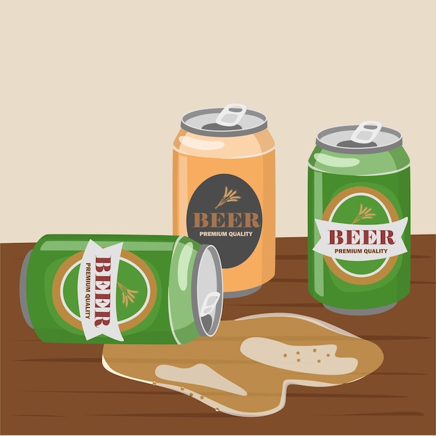 La lata de cerveza vectorizada en estilo de dibujos animados plana La lata de Cerveza derramada sobre la superficie de la mesa