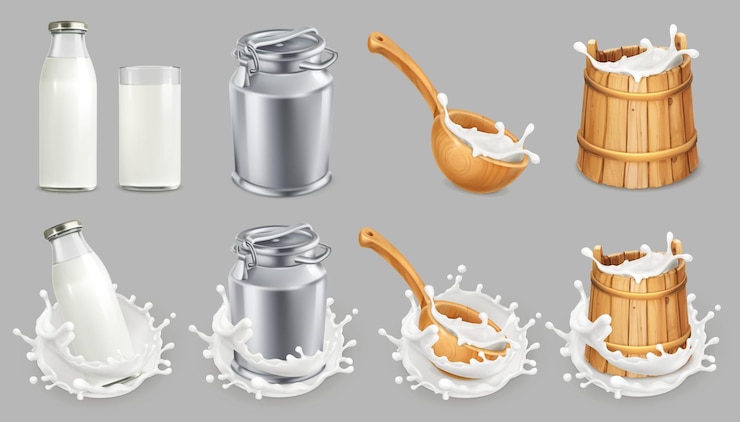 Vector lata de leche y salpicaduras. productos lácteos naturales. conjunto de iconos