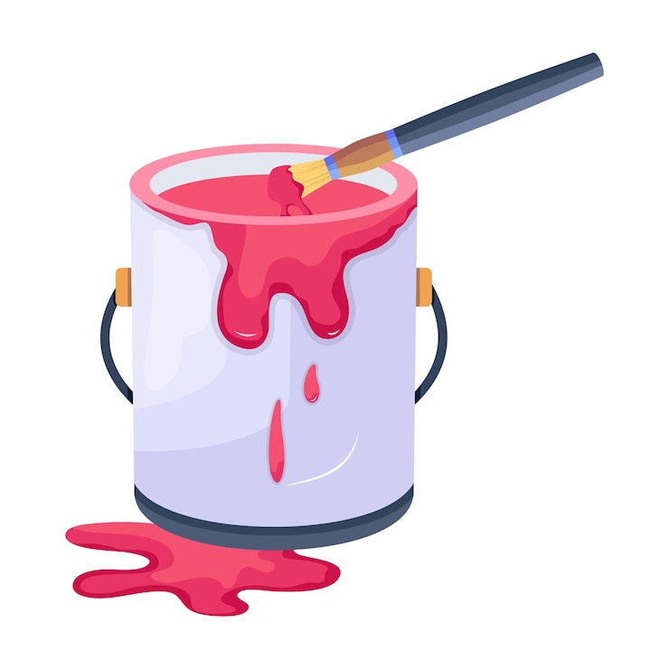 Vector una lata de pintura roja con un pincel y un pincel rojo.