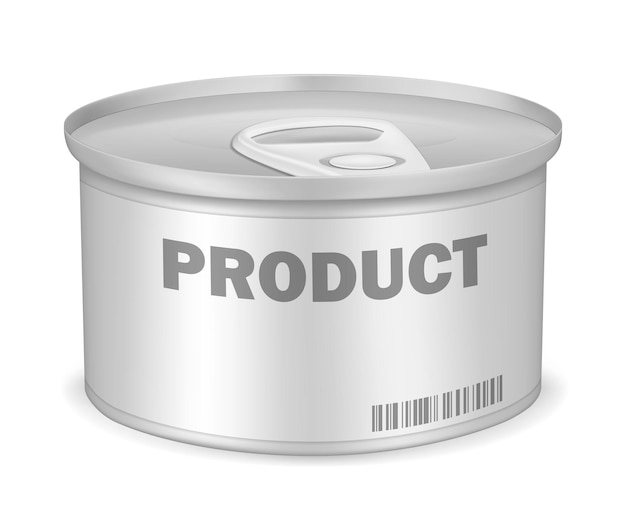 Vector lata redonda con tapa de aro y etiqueta de papel envase de aluminio para productos alimenticios conservados