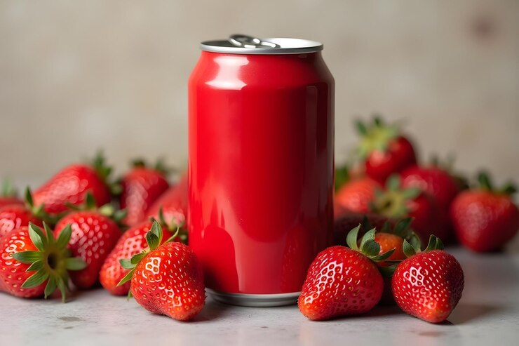 Vector una lata roja de fresas se sienta en una mesa con fresas