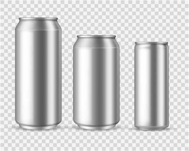 Vector latas de aluminio realistas. en blanco metálico puede beber cerveza refresco agua jugo envasado 300330500 plantilla de contenedor vacío