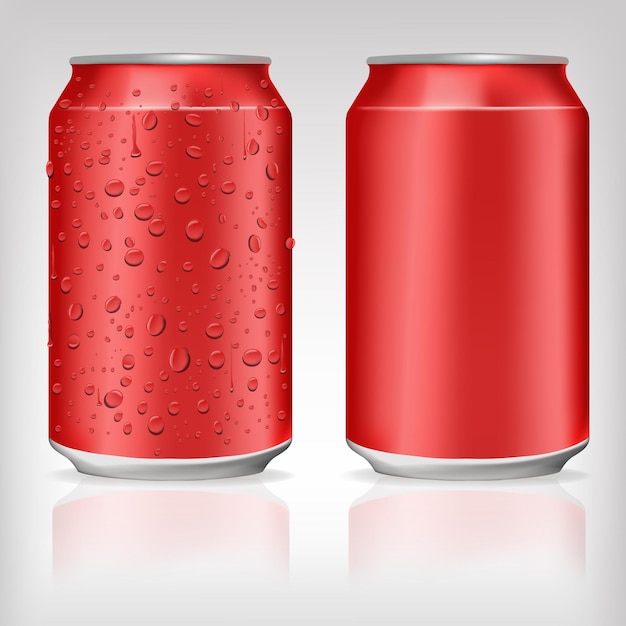 Latas de aluminio en rojo-verde con gotas de agua dulce