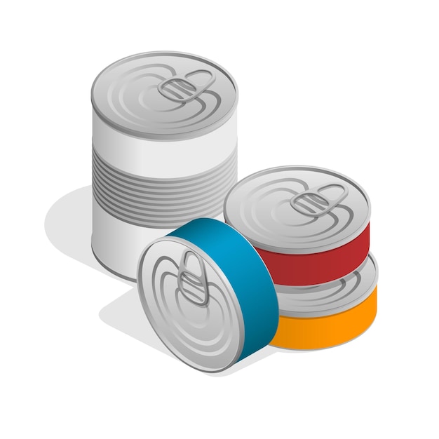 Latas de comida cerradas isométricas con etiqueta en blanco aisladas en blanco.