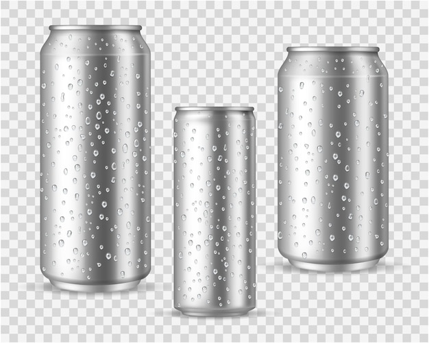 Latas frías realistas con gotitas.