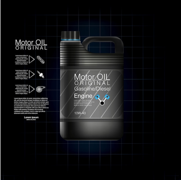 Latas de plástico para aceite de motor y fluidos técnicos. motor de la botella de aceite del bote, fondo de aceite, ilustración. Botella negra de aceite de motor.