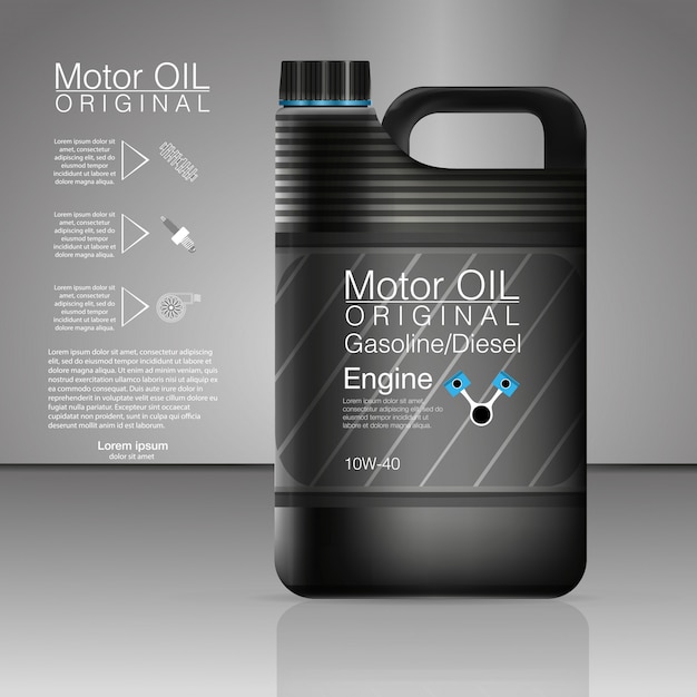 Latas de plástico para aceite de motor y fluidos técnicos. motor de la botella de aceite del bote, fondo de aceite, ilustración. Botella negra de aceite de motor.