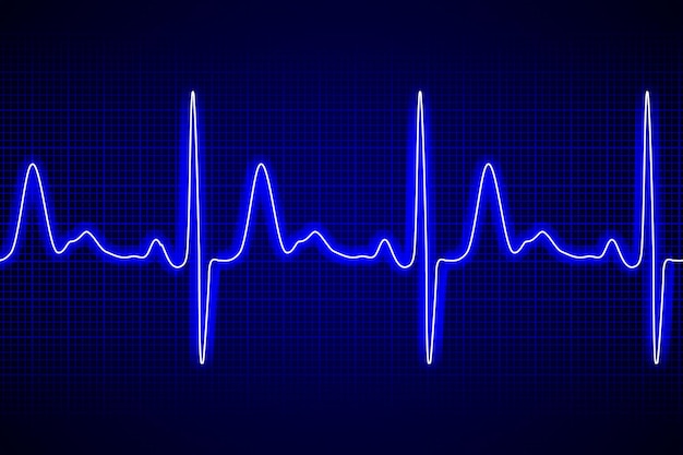 Latido del corazón de neón ecg o ekg línea negra transparente sobre fondo azul