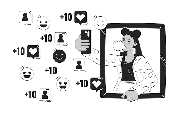 Latina tomando selfies para las redes sociales concepto de ilustración de línea de garabateo