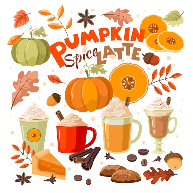 Latte de calabaza y especias. Acogedor conjunto de otoño. Vector, aislado.