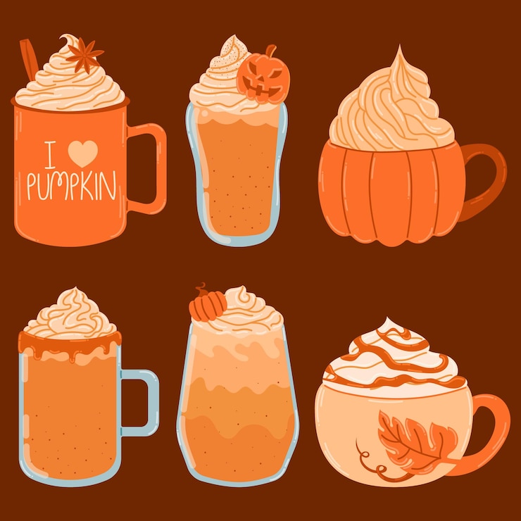 Vector latte de calabaza en hermosas tazas con una decoración linda