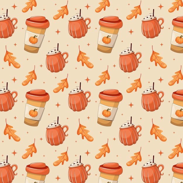 Latte de especias de calabaza en tazas y tazas de papel adornadas con hojas de otoño con un patrón sin costuras