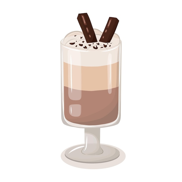 Latte en un vaso transparente con chispas de chocolate y chispas de chocolate ilustración vectorial dibujado a mano