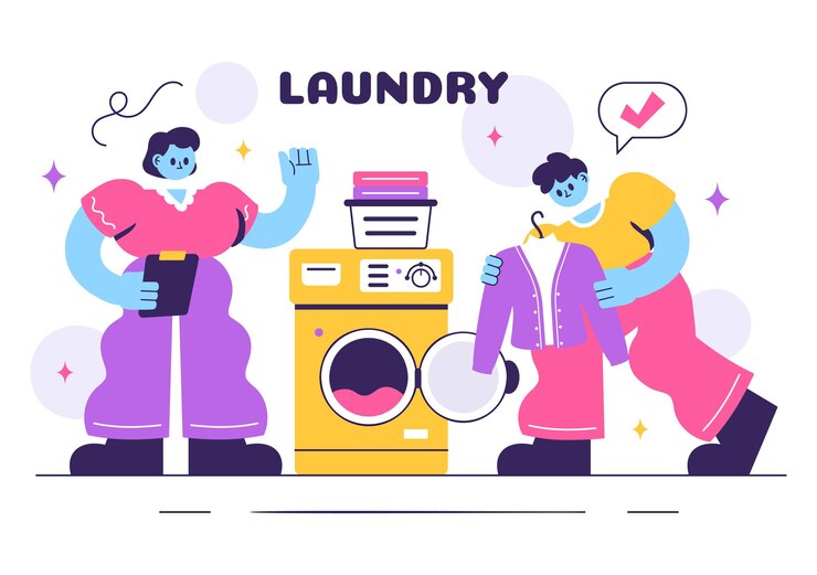 Vector laundry room vector illustration featuring washing and drying machines with a basket filled