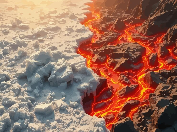 Vector la lava fluye hacia el océano.