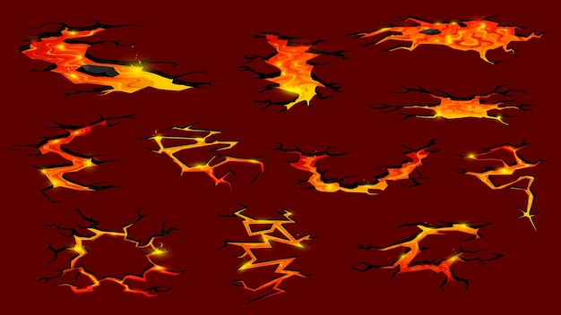 Vector lava volcánica o magma fuego grietas en el suelo vector de dibujos animados fisuras de terremotos destrucción de la textura de la tierra vista superior flujos de lava derretida creando ríos de fuego con intenso calor y fuerza explosiva