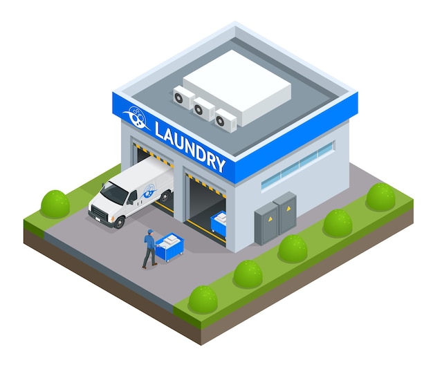 Lavadero de fachada isométrica. Letrero con emblema, toldo y símbolo en ventanas. Servicio de lavandería con tintorería y lavado. ilustración vectorial plana