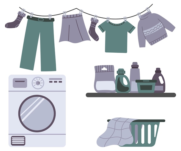 Lavadero con lavadora canasta con ropa sucia detergentes toallas y planta de casa japandi
