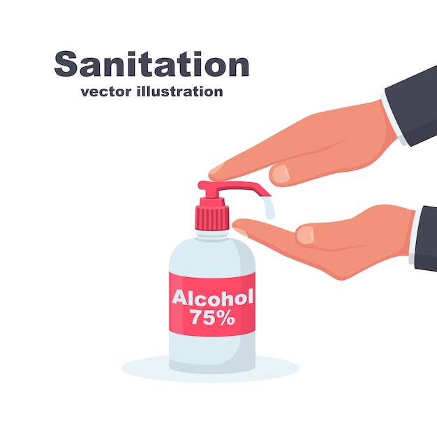 Vector lavado a mano de alcohol antibacteriano 75. botella de producto sanitario para la higiene personal.