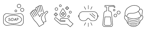 Lavado de manos conjunto de iconos de línea vectorial simple instrucciones sobre qué usar para la higiene personal