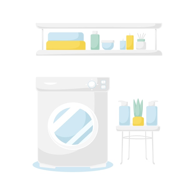 Lavadora con accesorios baño icono tarjeta planta interior ilustración vectorial decoración linda