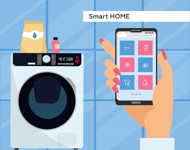 Lavadora controlada por teléfono inteligente con wi-fi. aplicación de control para teléfonos inteligentes. mano femenina sostiene el móvil con botones en la pantalla. | Vector Premium