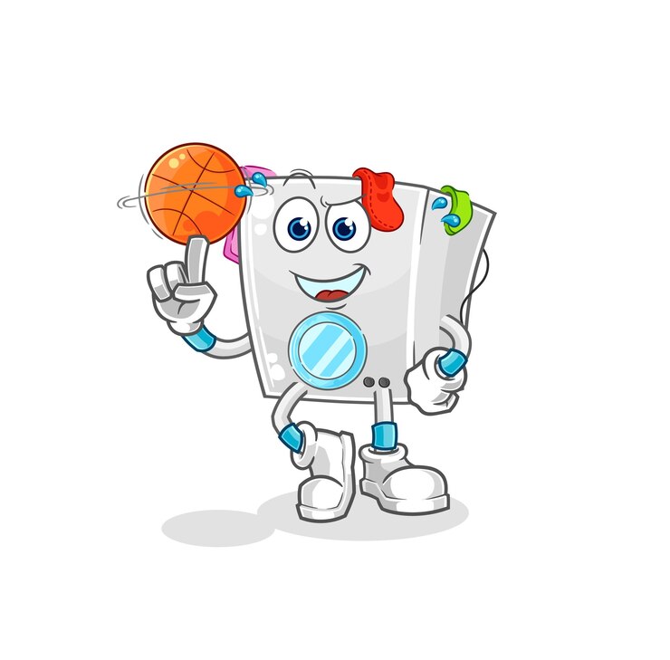 Vector lavadora jugando baloncesto mascota vector de dibujos animados
