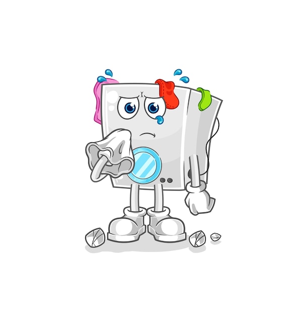 La lavadora llora con un vector de mascota de dibujos animados de tejido