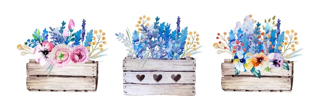 Lavanda acuarela pintada a mano en caja de madera Caja de madera floral