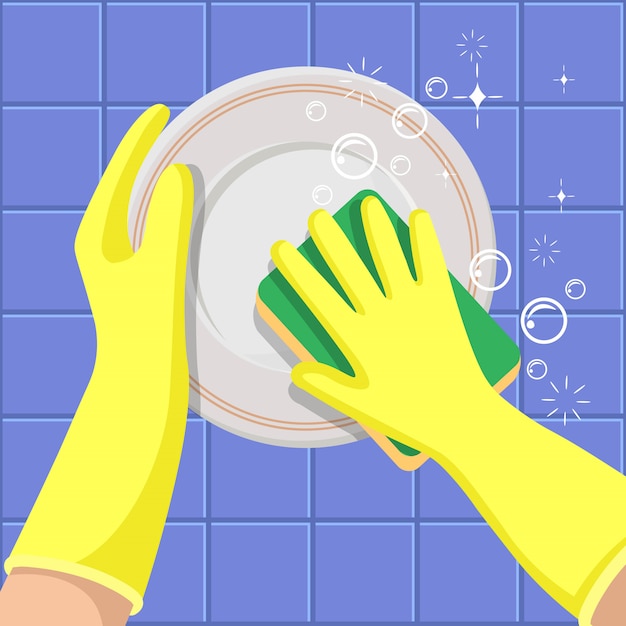 Lavando platos. Las manos en guantes amarillos con esponja lava un plato. Un concepto para empresas de limpieza.