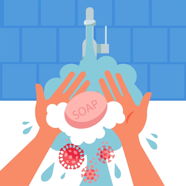 Lavarse las manos. Prevenir la epidemia de coronavirus. Prevención de la enfermedad de la gripe COVID-19. Un chorro de agua de un grifo enjuaga la espuma con las bacterias del virus. Ilustración falt.