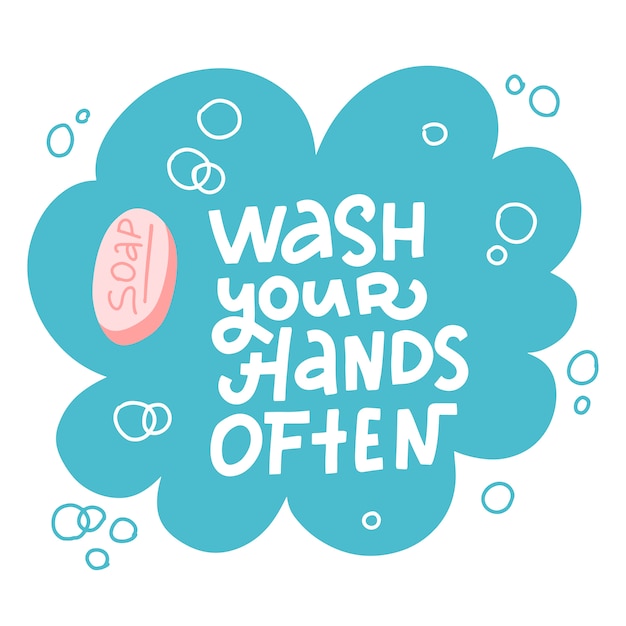 Lávese las manos a menudo - cita de letras. Caligrafía de doodle de burbuja de jabón. Dibujado a mano ilustración plana.