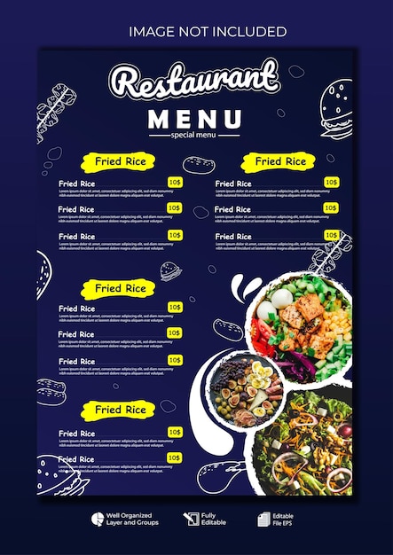 Layout de menú de restaurante de comida plantilla editable lista de menú cafetería negra plantilla de diseño moderno
