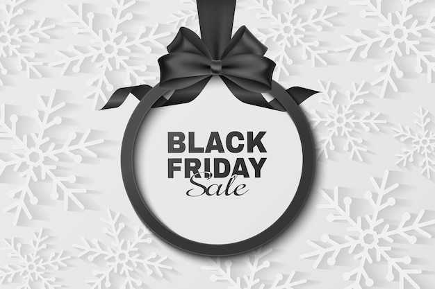 Lazo negro y cinta con etiqueta para venta de black friday. plantilla de vector para anunciar sus promociones comerciales. evento de descuento comercial. copos de nieve de papel. eps 10.