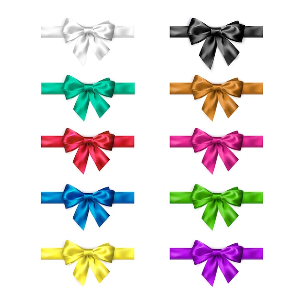 Lazo de seda de colores con cintas. Colección de elegantes lazos en diferentes colores.