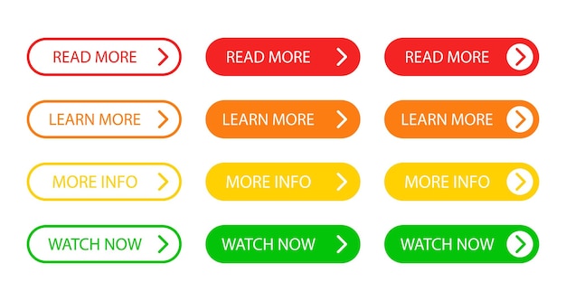 Lea más aprenda más más información y mire ahora el botón establecido en estilo plano Vector EPS 10