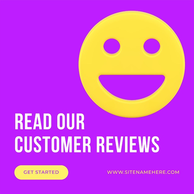 Lea las reseñas de nuestros clientes promoción publicación en redes sociales publicidad de comercio electrónico vector de icono 3d sonriente