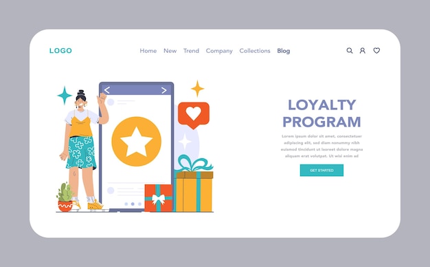 Lealtad reimaginada web o aterrizaje mujer involucrándose con un programa de lealtad digital recolectando estrellas y