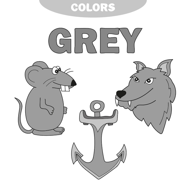 Learn the color grey - cosas que son de color gris - conjunto educativo. ilustración de colores primarios. ilustración vectorial. lobo, ancla, ratón