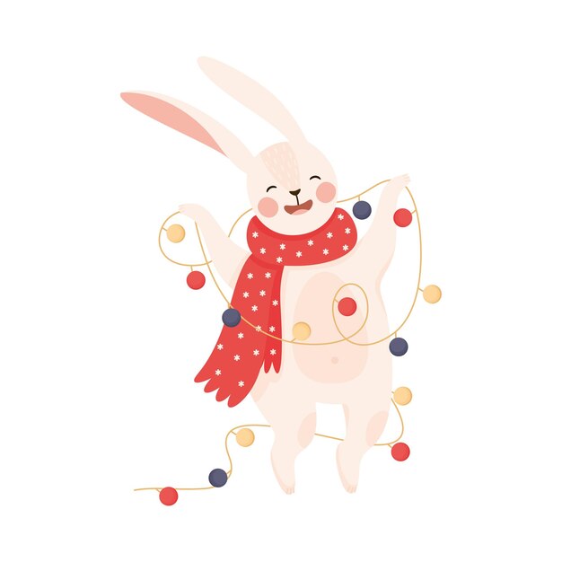 Lebre sonriente como personaje de Año Nuevo con orejas largas en una bufanda cálida sosteniendo una guirnalda o un conjunto de árboles de Navidad Ilustración vectorial