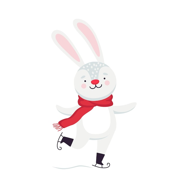 Lebre sonriente como personaje de Año Nuevo con orejas largas en una ilustración vectorial de patinaje sobre hielo de pañuelo cálido