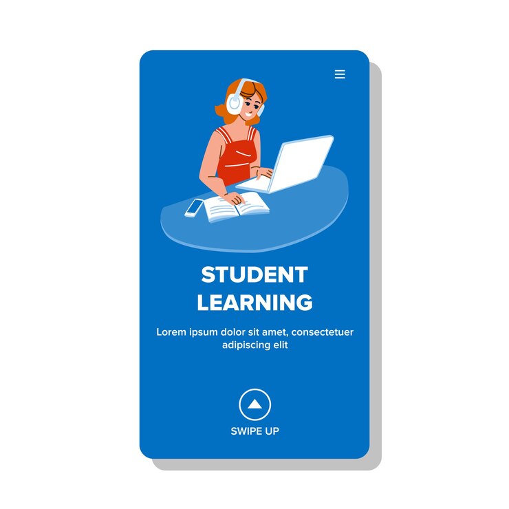 Vector lección de aprendizaje de niña estudiante en vector de computadora portátil