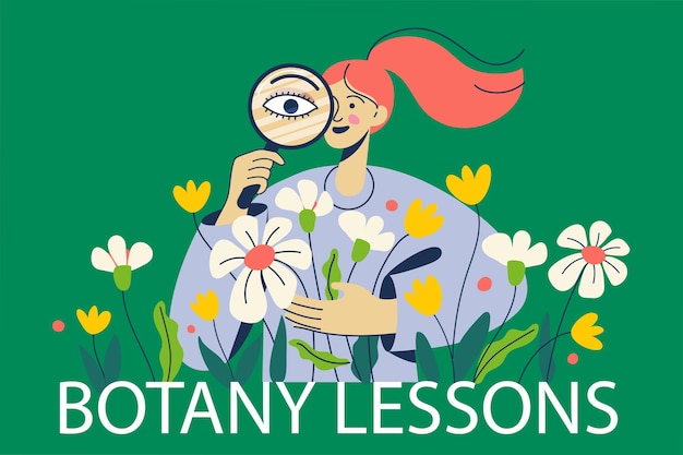 Lección de botánica Mujer joven mirando a través de una lupa las flores Educación de ciencias naturales