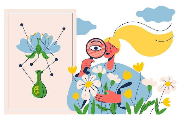 Lección de botánica Mujer joven mirando a través de una lupa las flores Estudiante explorando la estructura de la flor